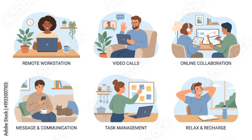 Home Office Illustration Set – Remote Business Lifestyle Vector