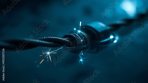 A damaged electrical wire submerged in water, emitting faint blue sparks. STEM education sheets, lab safety posters, designed for biotech research communications, used by PR specialists.