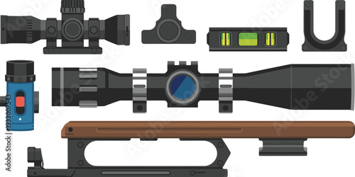 Detailed rifle scope and shooting accessories illustration, tactical optics and firearm equipment set isolated flat vector design hunting gear collection