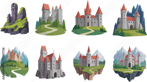 Fantasy castle landscape collection, set of stylized medieval fortresses on mountains forests and hills vector illustration