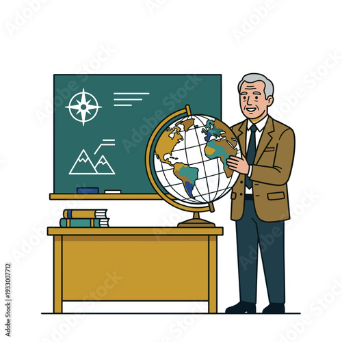 Senior male professor holding globe in classroom near chalkboard geography lesson concept
