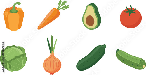 Fresh vegetable icon collection, bell pepper carrot avocado tomato cabbage onion zucchini flat vector illustration set