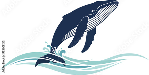 Illustration of a humpback whale jumping out of water waves