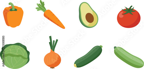 Fresh vegetable icon set, bell pepper carrot avocado tomato cabbage onion cucumber zucchini flat illustration