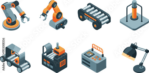 Industrial automation equipment icon set, robotic arm conveyor belt control panel factory machinery flat isometric vector collection