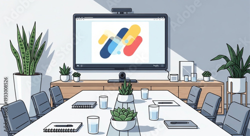 Modern conference room with a large screen displaying a colorful abstract design.