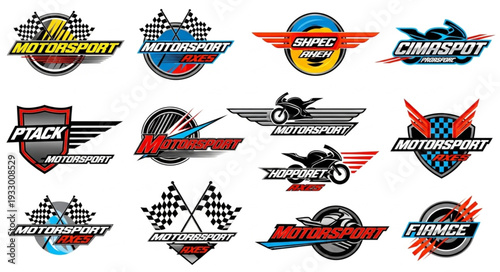 Collection of Motorsport Logos Featuring Checkered Flags and Motorcycles.