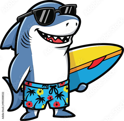Cool Cartoon Shark Character Wearing Sunglasses and Swim Trunks Holding a Surfboard Vector Illustration