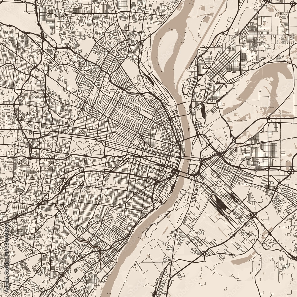 Obraz premium St. Louis City Map expertly crafted with refined linework this sepia toned wall poster showcases a structured urban grid offering a detailed blueprint view, emphasizing refined linework.