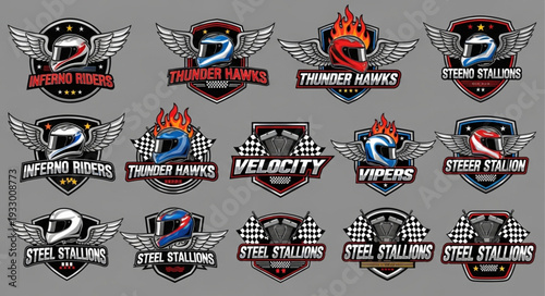 Motorcycle racing team logos featuring helmets, wings, and checkered flags for speed.