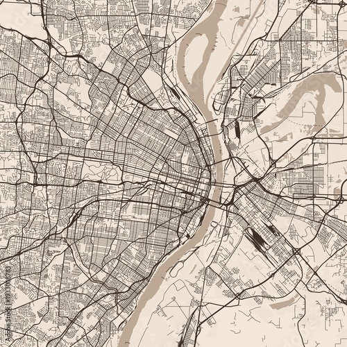 St. Louis City Map expertly crafted with refined linework this sepia toned wall poster showcases a structured urban grid offering a detailed blueprint view, emphasizing refined linework.