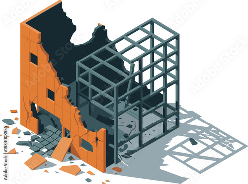 Isometric damaged building framework, partial structural collapse and earthquake destruction illustration