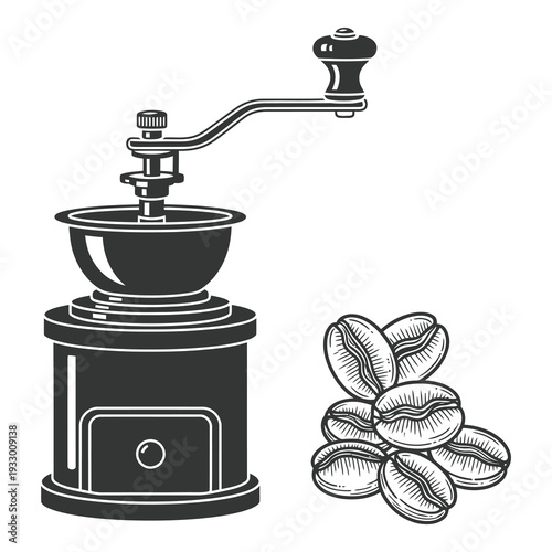 Vintage manual coffee grinder and roasted coffee beans on white icon