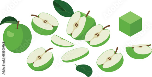Isometric green apple illustration set, whole and sliced fruit pieces with cube