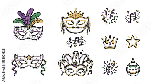 Carnival Mask Doodle Icon Set – Mardi Gras Festival Symbols Vector