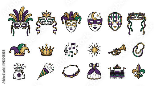 Mardi Gras Celebration Icons – Carnival Mask Doodle Set