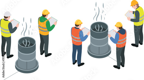 Isometric Illustration of Industrial Workers Conducting Manhole Inspection with Safety Gear and Clipboards at Worksite