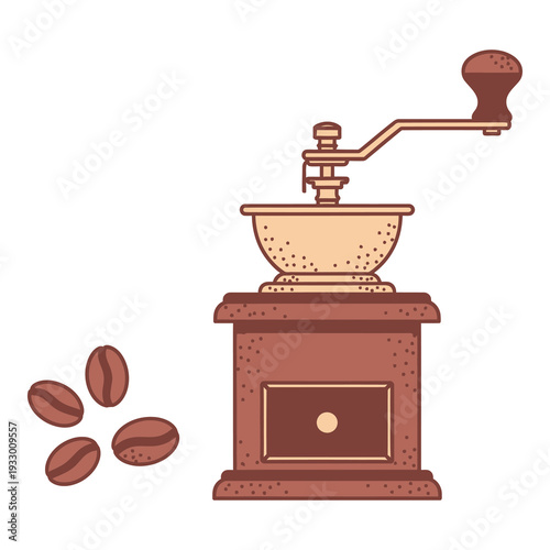 Vintage manual coffee grinder with coffee beans on white background icon