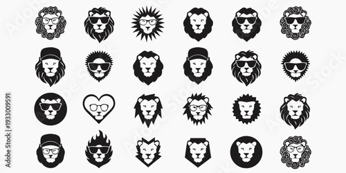 Lion heads with glasses and cap. Black and white concepts in linear graphic style. Cat avatars, king of animals, for printing, design, vector set isolated on white background.vector icon