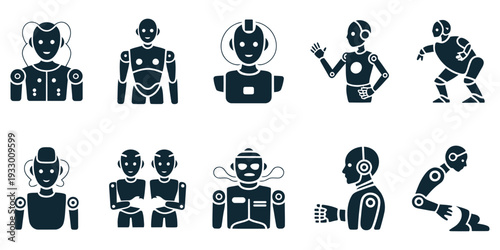 Humanoid Robot Character Collection With Artificial Intelligence And Automation Technology Icons. Vector illustration.