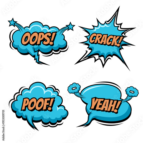 Pop Art Comic Speech Bubble Set with Oops, Crack, Poof, Yeah Text Vector Illustration