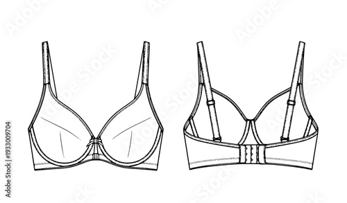 Front Open Moulded Pad Bra Technical Flat Sketch Vector CAD Illustration