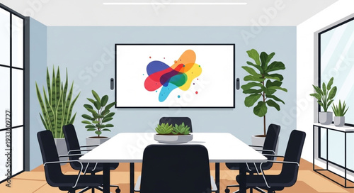 Modern conference room with a large screen and comfortable chairs for meetings.