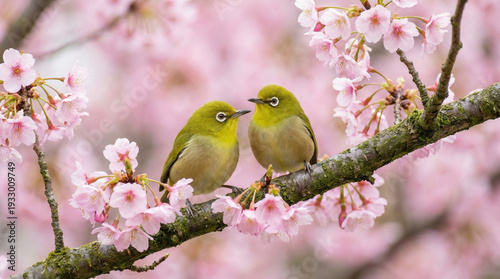 満開の桜の枝に止まるつがいのメジロ