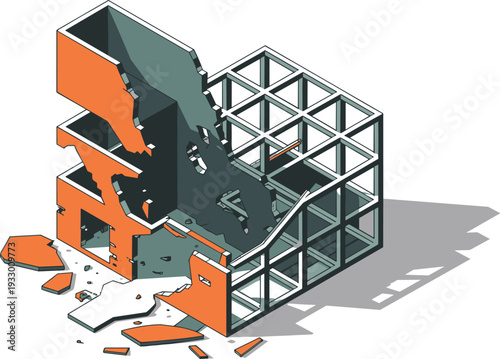 Quadro su tela Isometric partially collapsed building structure, earthquake damage and exposed