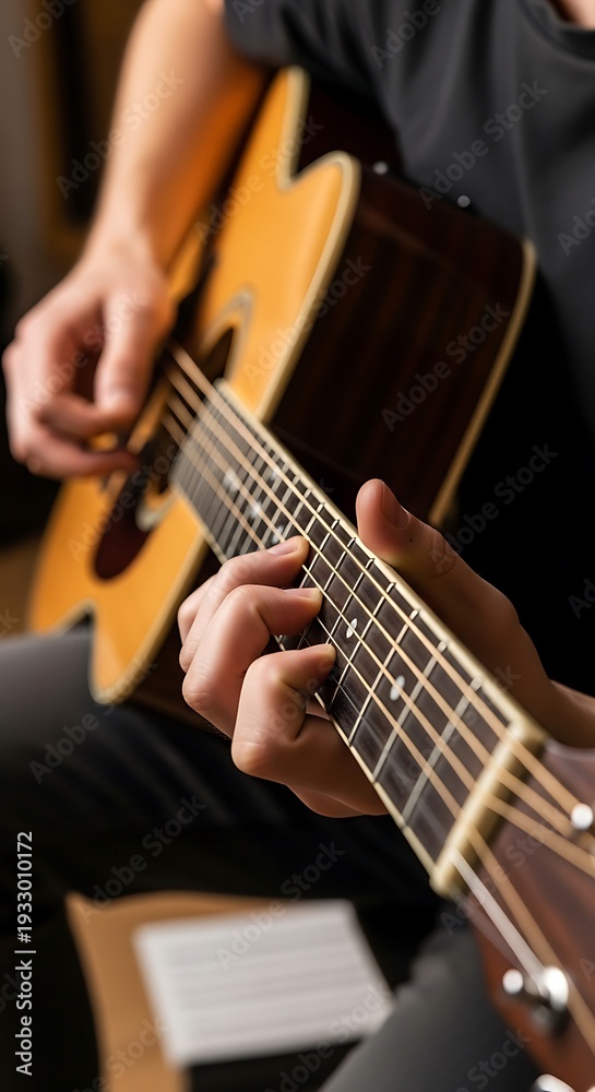 Obraz premium Close-up of a Musician Playing an Acoustic Guitar.