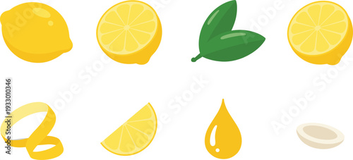 Lemon fruit vector illustration set, whole half slice peel leaf and juice drop flat minimalist collection