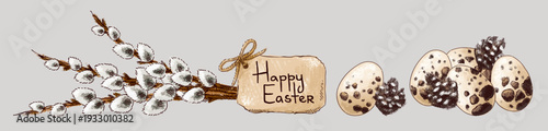 Clip art with quail eggs, willow branches, cardboard sign and feathers. Happy Easter. Vintage postcard composition. Imitation of pastels, hand-drawn.