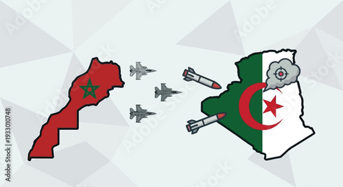 Maghreb Military Conflict Concept Morocco and Algeria Map Fighter Jets Tanks and Border Defense Elements