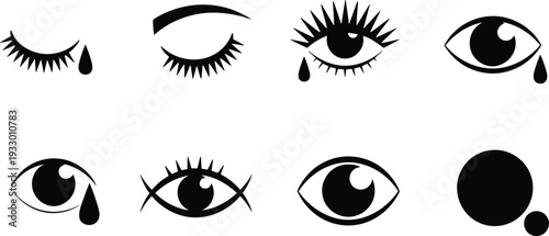 Minimalist eye and tear icons set, black and white vision symbol collection