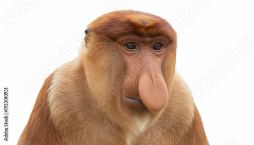 Close-up portrait of a proboscis monkey isolated on a clean white background. High resolution studio image highlighting the long nose and unique facial features of this rare primate species