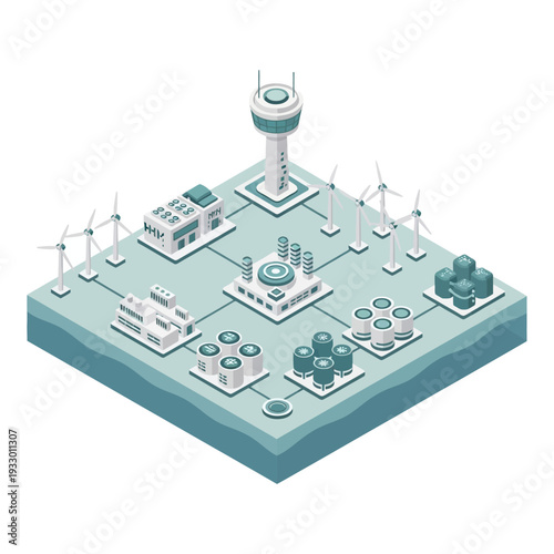 Isometric illustration of a smart city infrastructure with renewable energy sources, industrial facilities, and a control tower.
