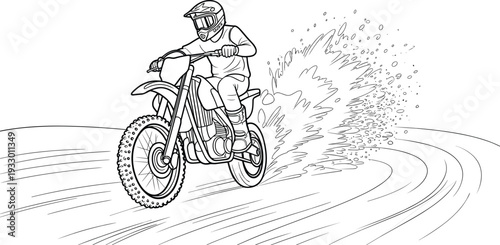 Motocross dirt bike racing line art, dynamic off road motorcycle action black and white coloring page