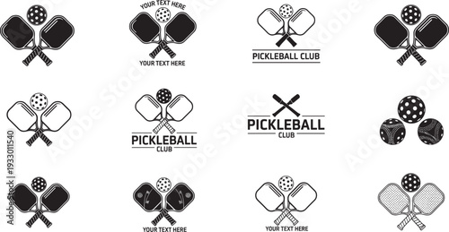 Collection of pickleball logo designs featuring paddles and balls in various styles, silhouettes, and patterns, ideal for club branding and sports identity visuals