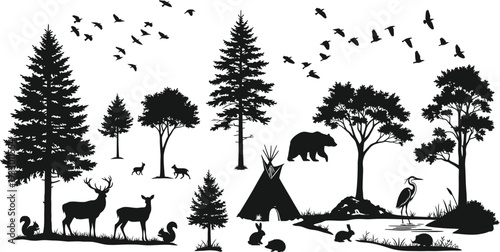 Black and white forest scene with wildlife and teepee