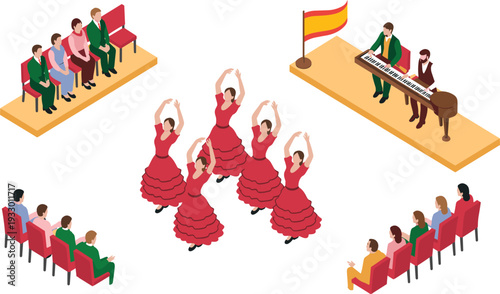 Spanish flamenco dance performance, traditional dancers in red dresses performing with live musicians and audience on stage