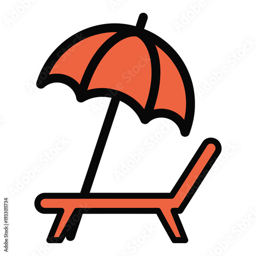Beach chair with umbrella for shade on sunny day outdoors icon