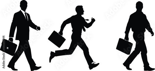 Set of black silhouettes featuring businessmen walking and running with briefcases, professional male figures in motion on isolated white background
