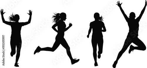Set of four female runner silhouettes sprinting, jumping for joy, celebrating success, and training for a marathon on white background