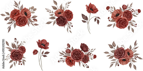 Eight red roses with leaves on white background in watercolor style floral arrangements