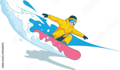 Stylized Digital Illustration of Snowboarder Carving Through Snow with Dynamic Splash on Winter Extreme Sports Scene