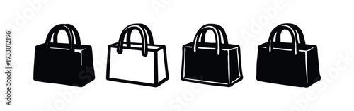 Stylized black and white icons of shopping bags with dimensional details, e-commerce and retail symbols.