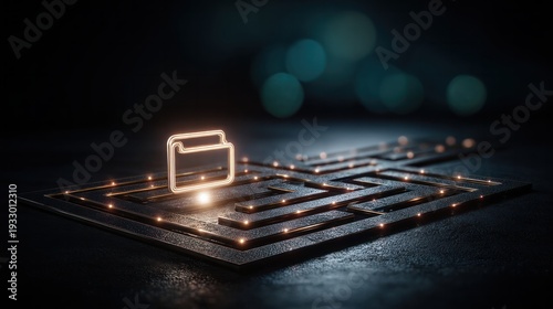 Neon folder outline on futuristic maze platform showcasing digital file organization storage navigation and information security concept