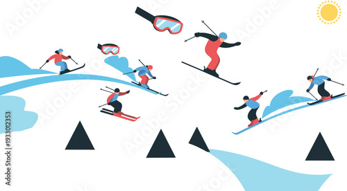 Stylized winter skiing action scene, dynamic skiers performing jumps on snowy mountain slopes illustration