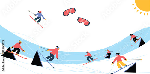 Stylized winter sports skiing scene, dynamic skiers on snowy mountain slope illustration