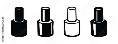 Set of four minimalist nail polish bottle icons, black and white beauty and cosmetic symbols for design.